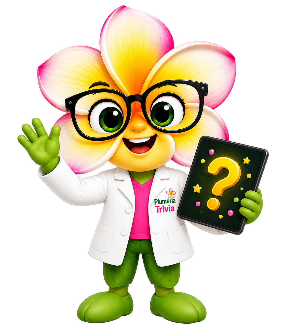 Plumeria Quest guide character holding a question tablet